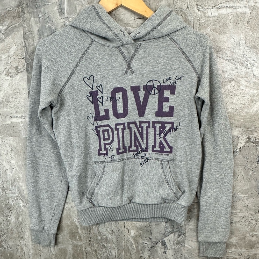 PINK Victoria's Secret Love Pink Gray Hooded Sweatshirt
